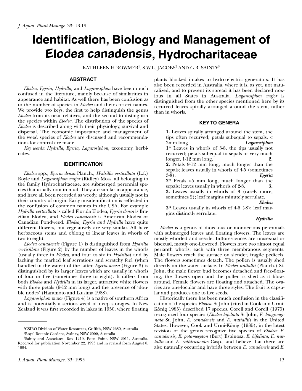 Identification, Biology and Management of Elodea Canadensis, Hydrocharitaceae