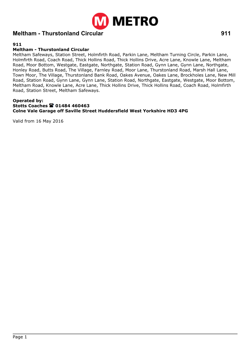 Meltham - Thurstonland Circular 911