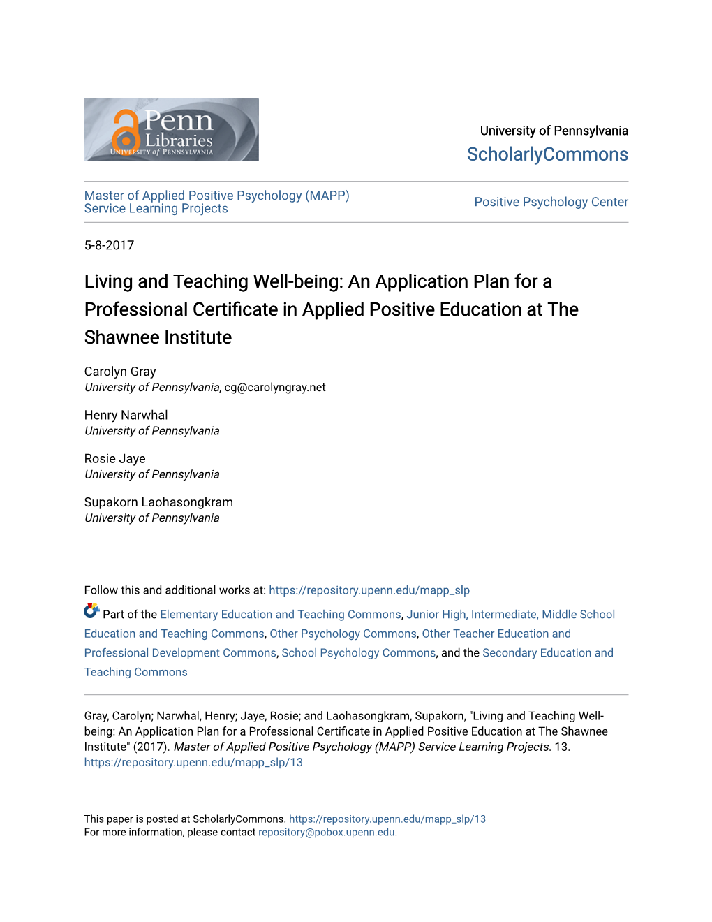 An Application Plan for a Professional Certificate in Applied Positive Education at the Shawnee Institute