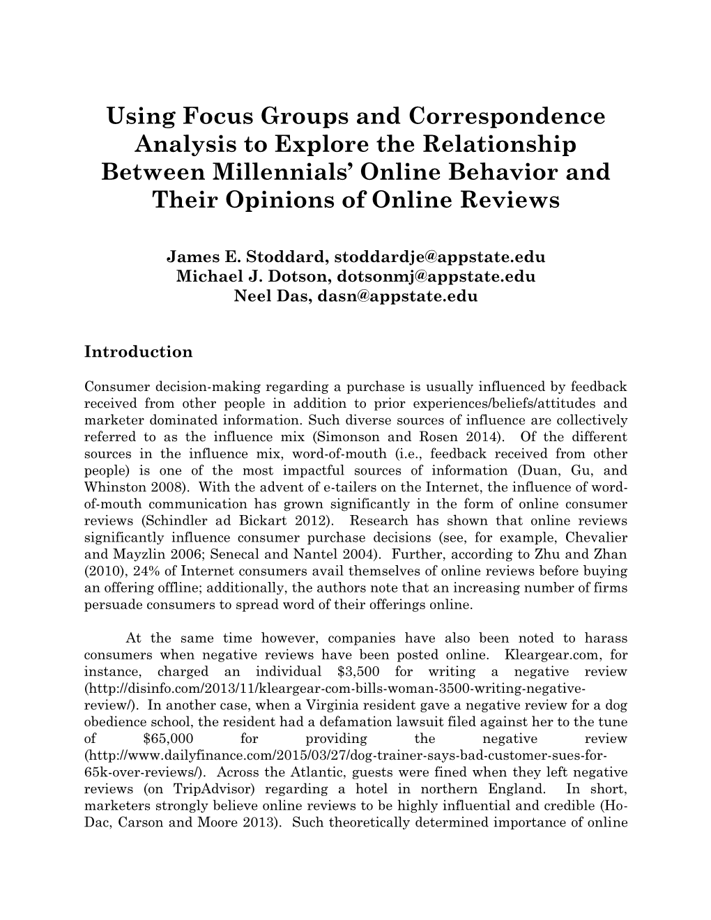 Using Focus Groups and Correspondence Analysis to Explore the Relationship Between Millennials’ Online Behavior and Their Opinions of Online Reviews