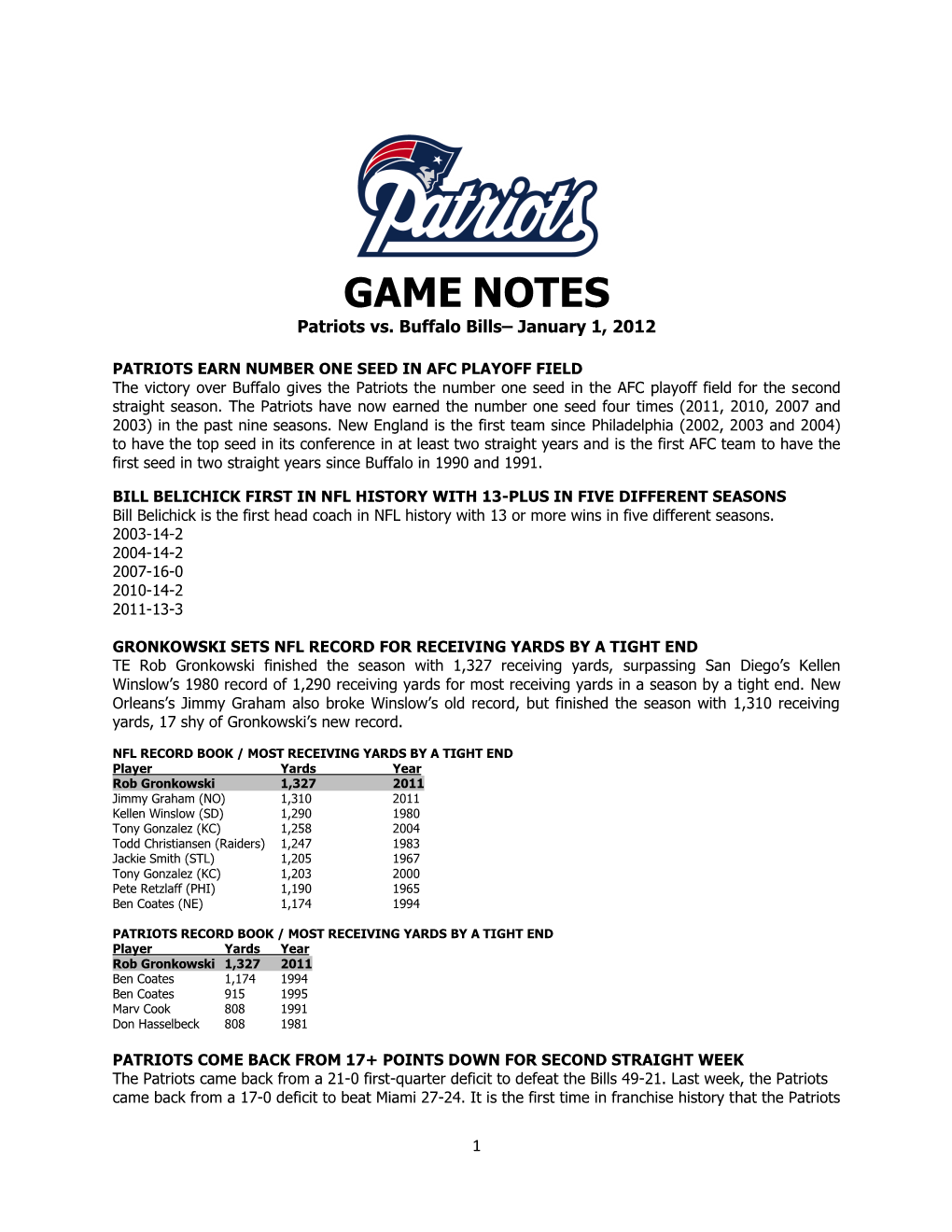 GAME NOTES Patriots Vs