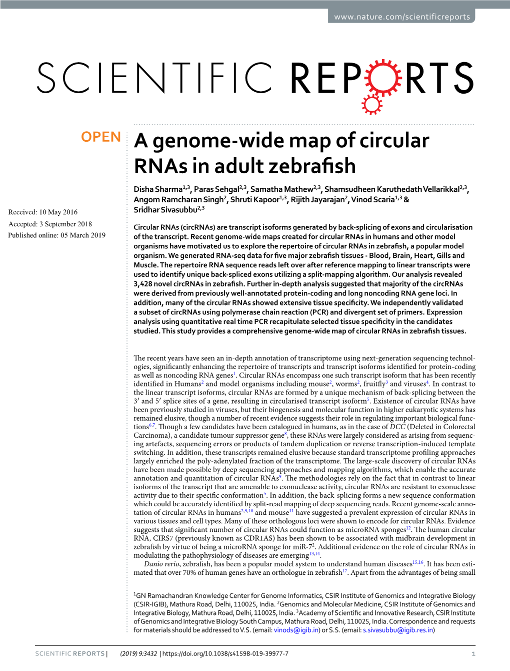 A Genome-Wide Map of Circular Rnas in Adult Zebrafish