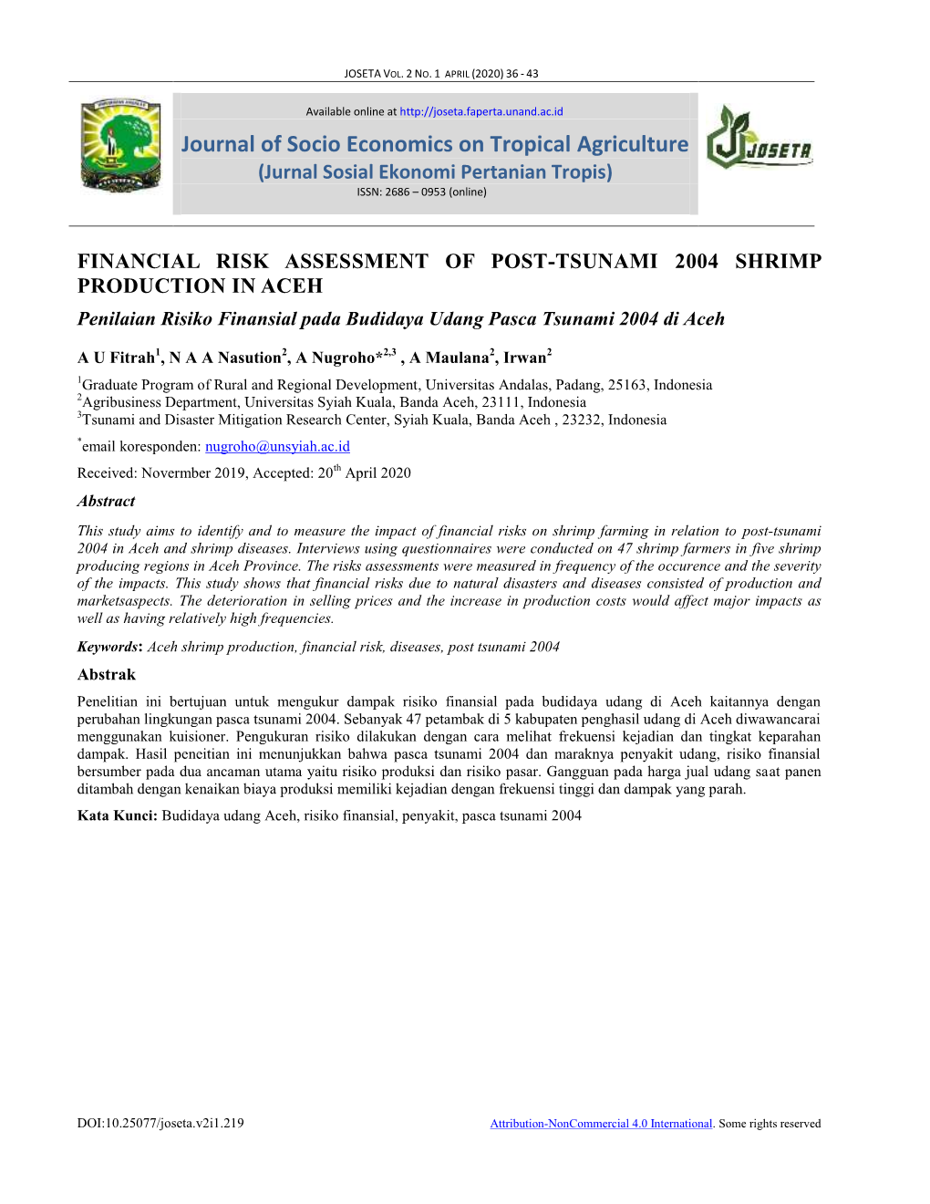 Journal of Socio Economics on Tropical Agriculture (Jurnal Sosial Ekonomi Pertanian Tropis) ISSN: 2686 – 0953 (Online)