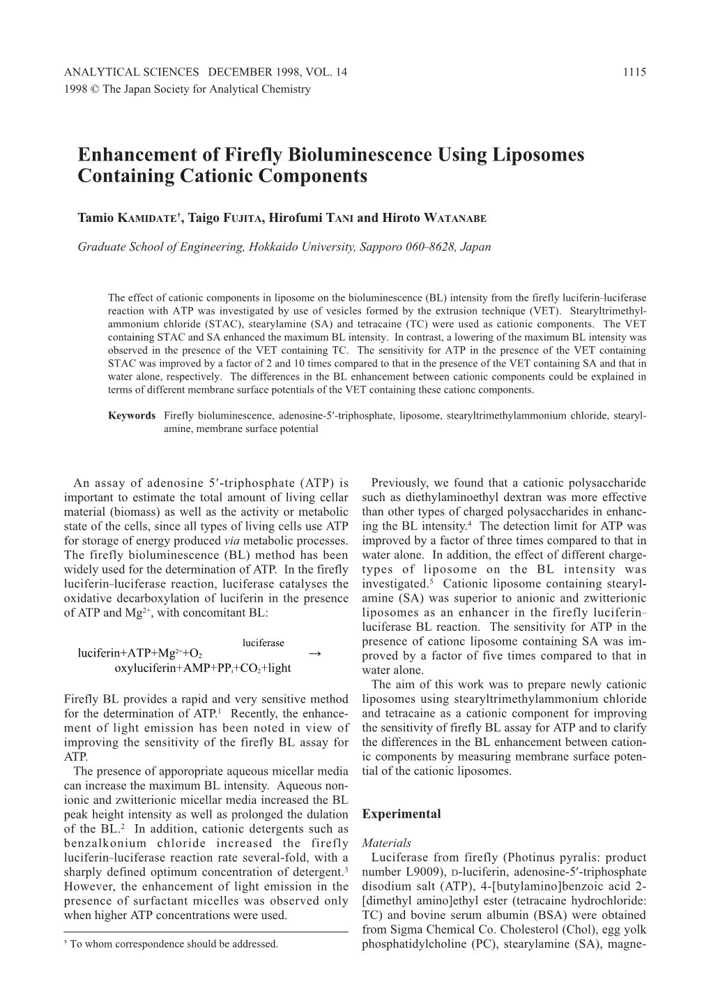 Enhancement of Firefly Bioluminescence Using Liposomes Containing Cationic Components