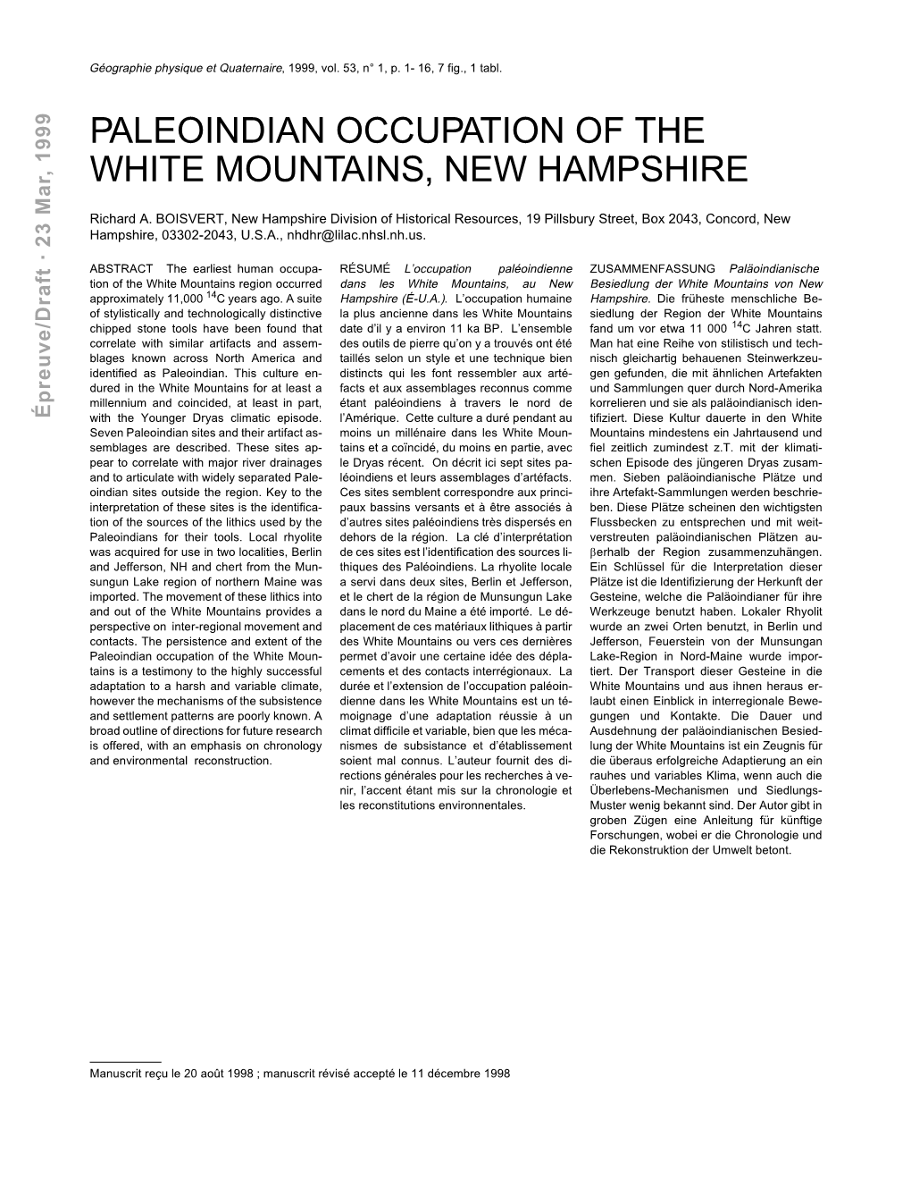 Paleoindian Occupation of the White Mountains, New Hampshire