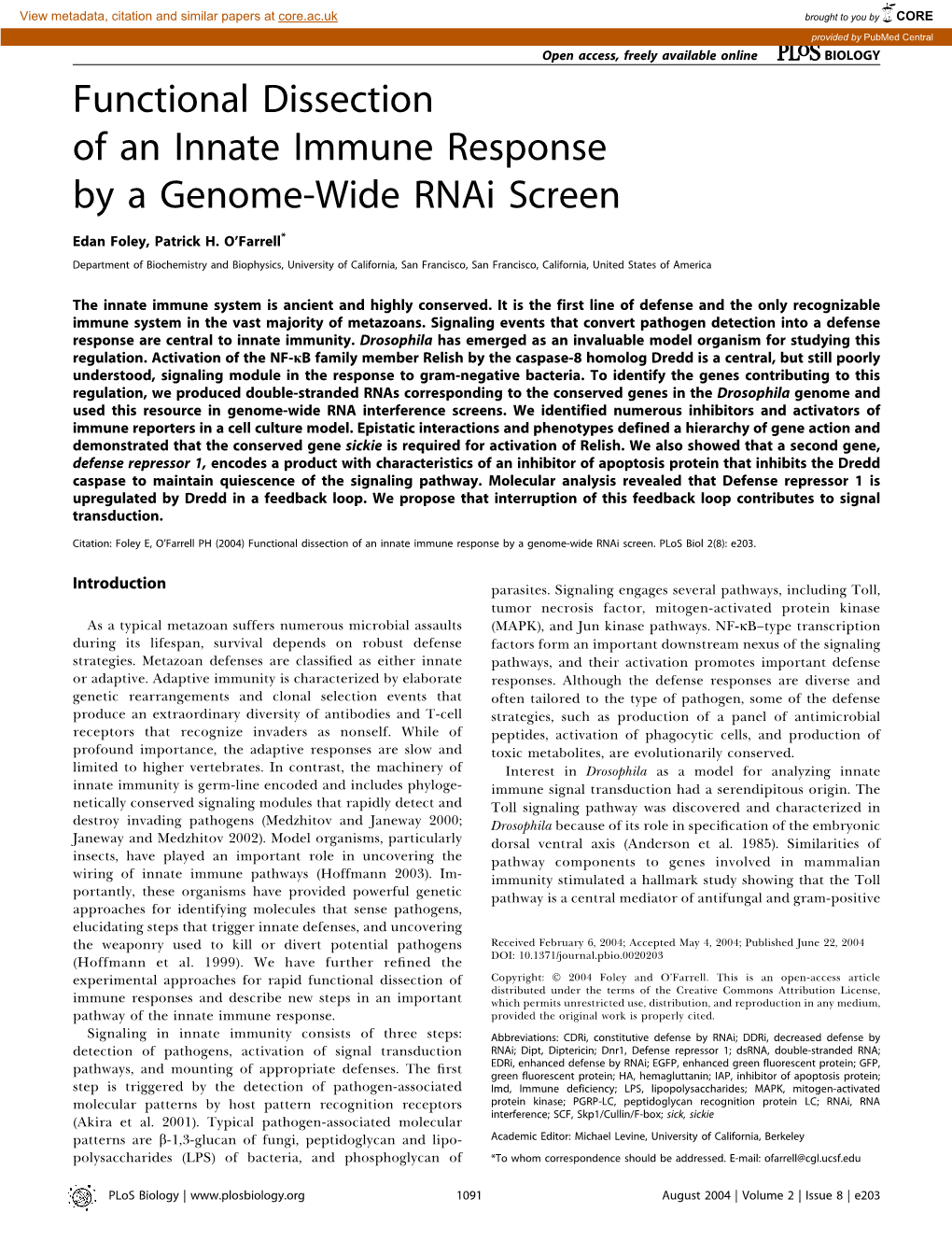 Functional Dissection of an Innate Immune Response by a Genome-Wide Rnai Screen