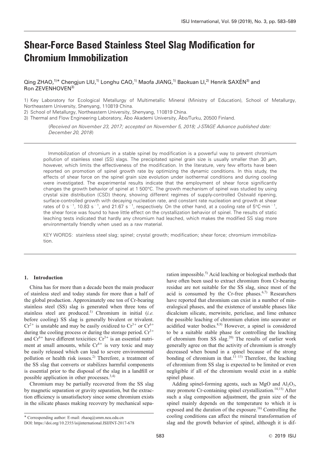 Shear-Force Based Stainless Steel Slag Modification for Chromium Immobilization