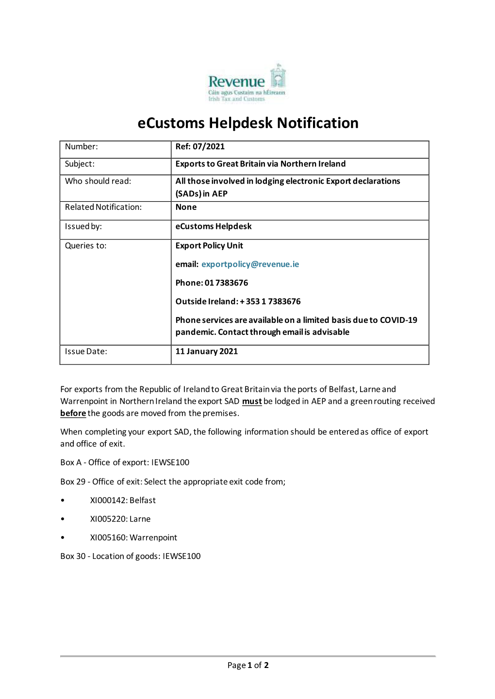 Ecustoms Helpdesk Notification Ref 07/2021