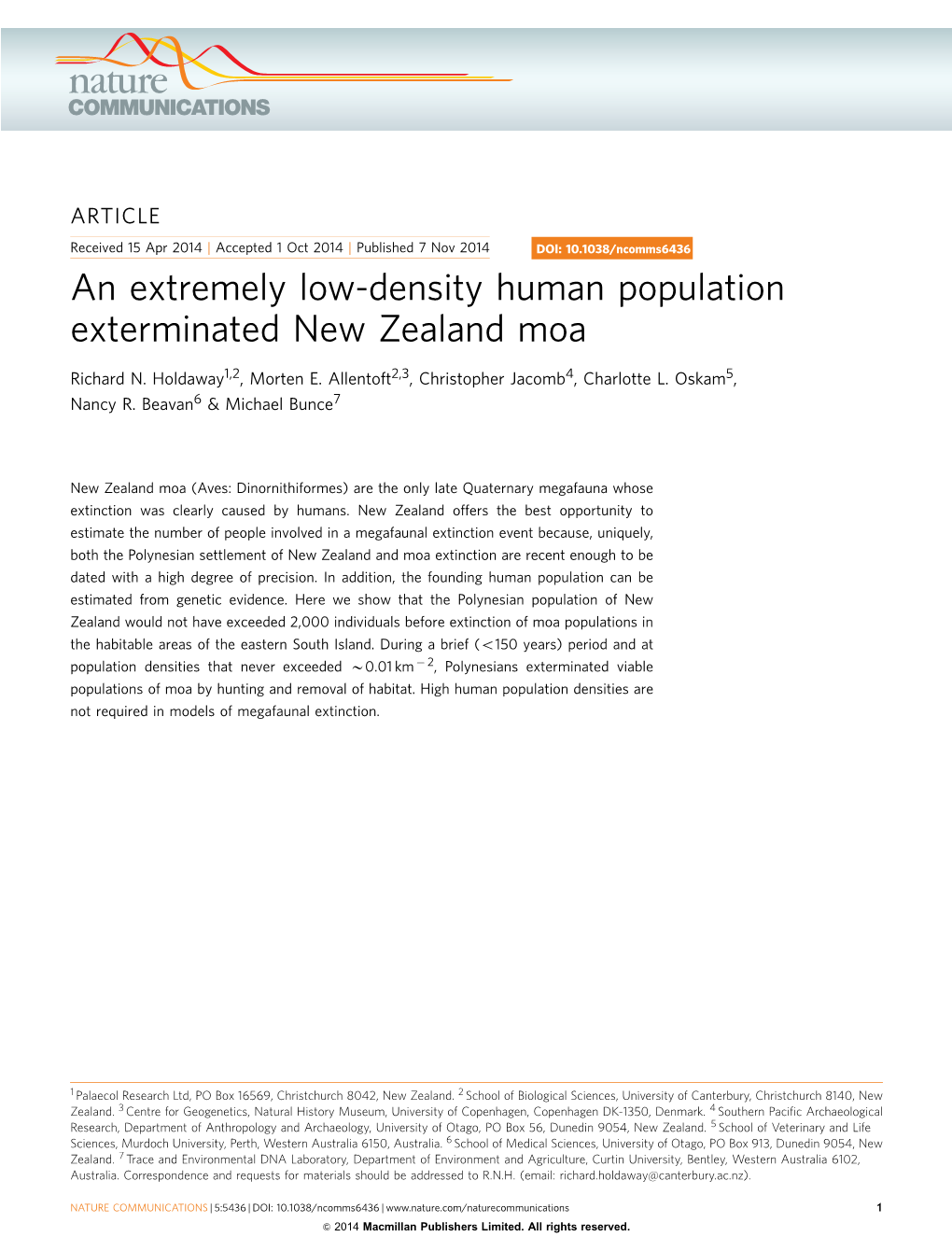 An Extremely Low-Density Human Population Exterminated New Zealand Moa