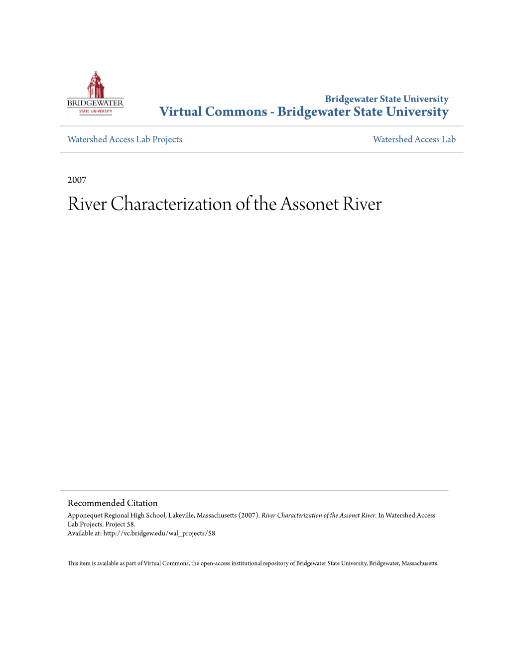 River Characterization of the Assonet River