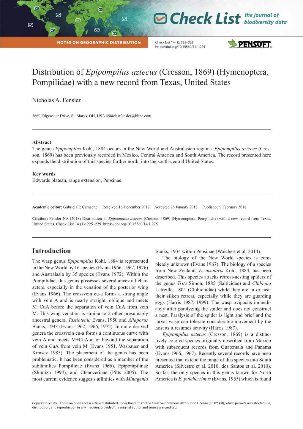 Distribution of Epipompilus Aztecus (Cresson, 1869)(Hymenoptera