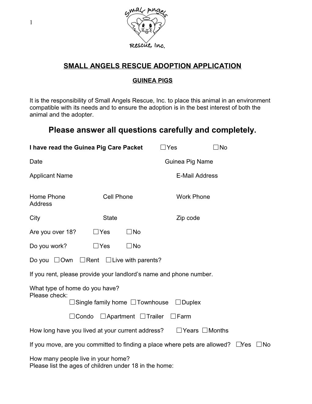 Small Angels Rescue Adoption Application