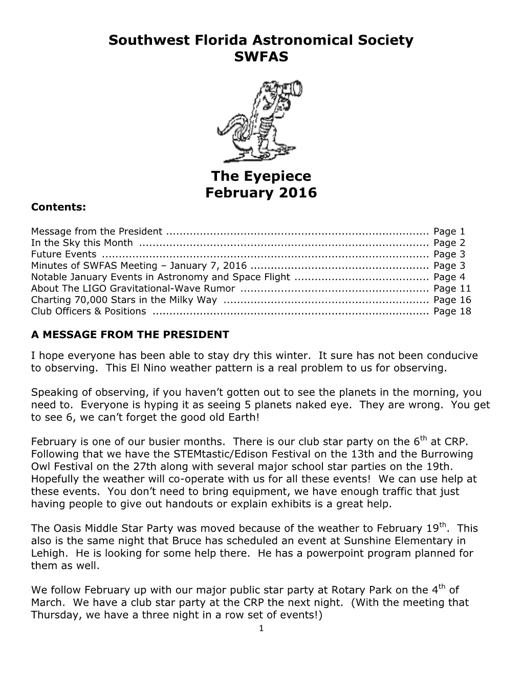 Southwest Florida Astronomical Society SWFAS the Eyepiece