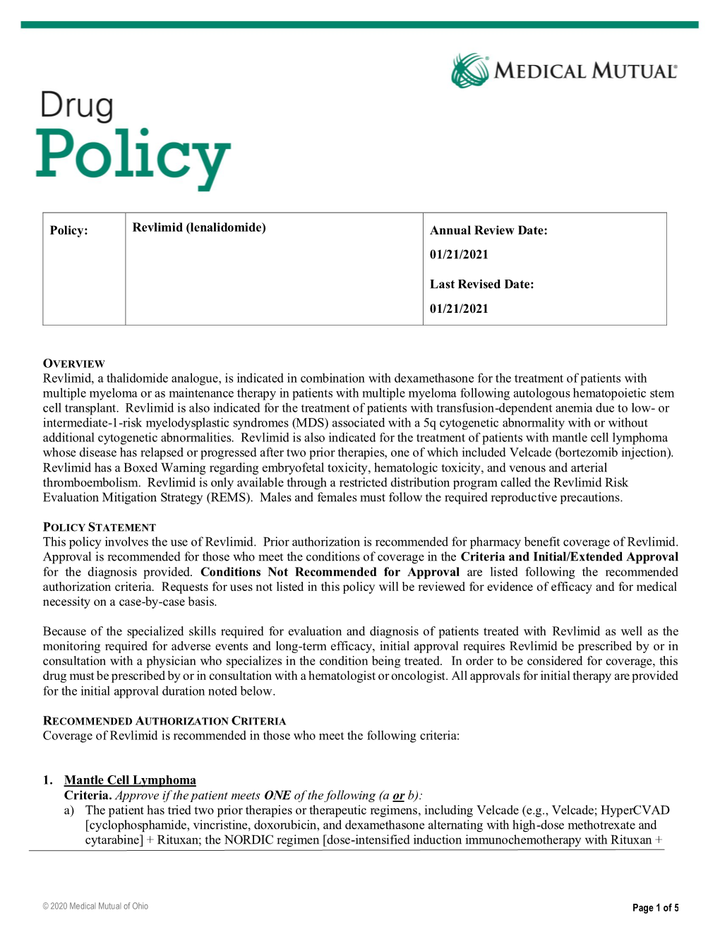 Revlimid (Lenalidomide) Annual Review Date: 01/21/2021