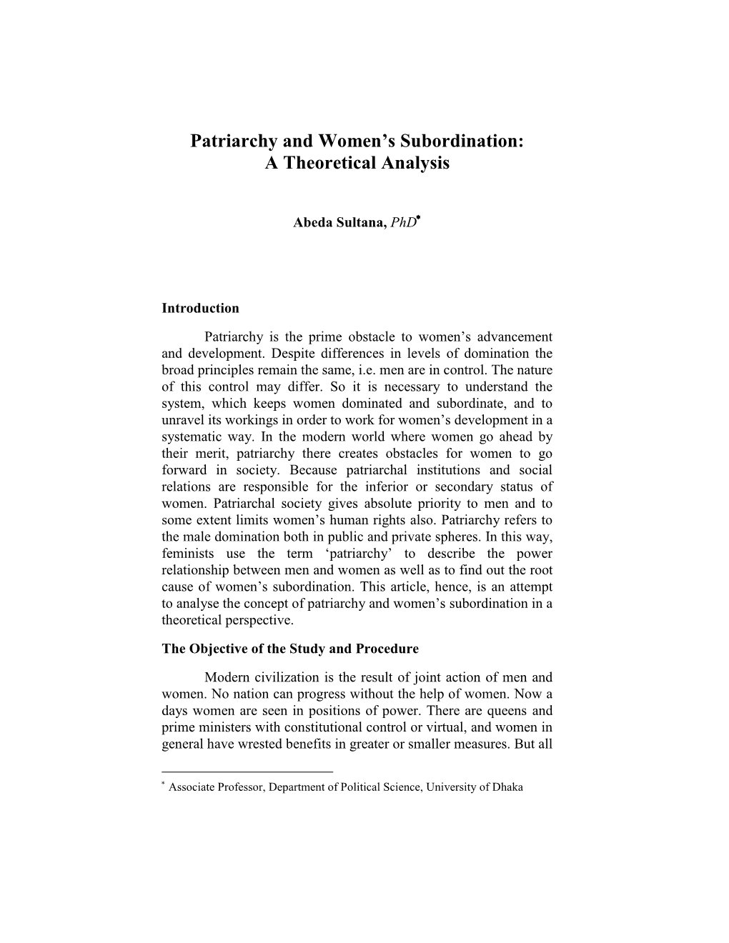 Patriarchy and Women's Subordination: a Theoretical Analysis