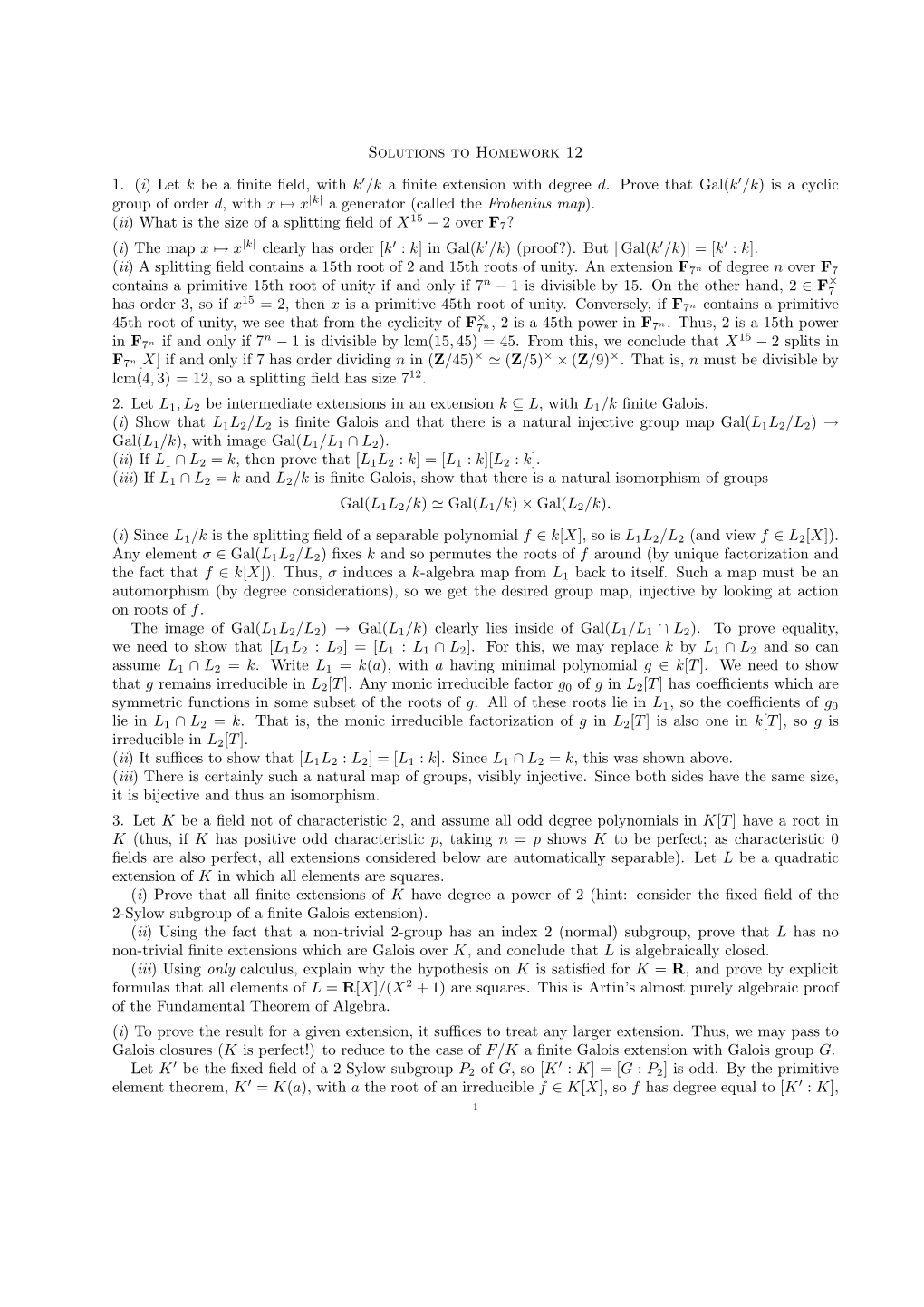 (I) Let K Be a Finite Field, with K /Ka Finite Extension With