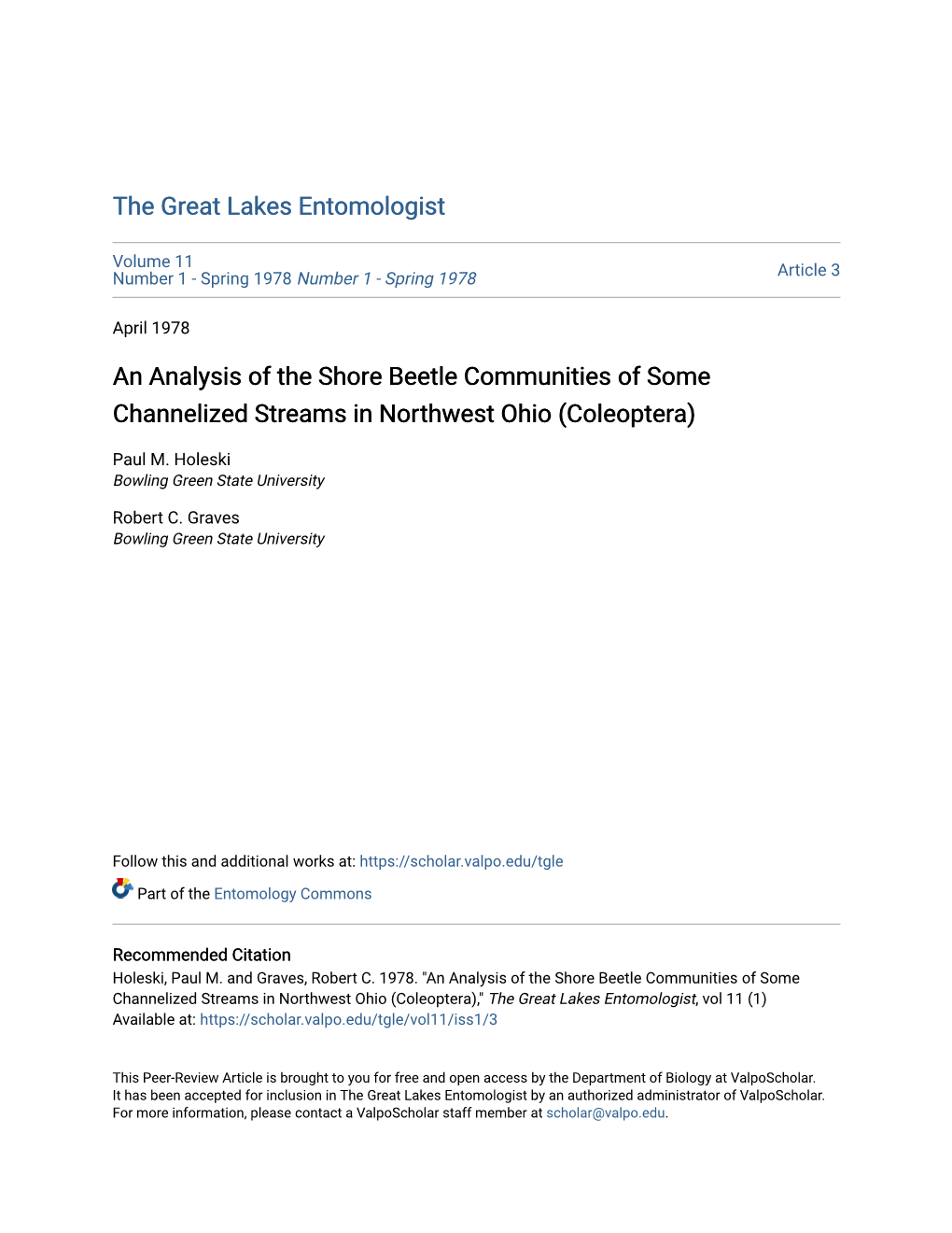 An Analysis of the Shore Beetle Communities of Some Channelized Streams in Northwest Ohio (Coleoptera)