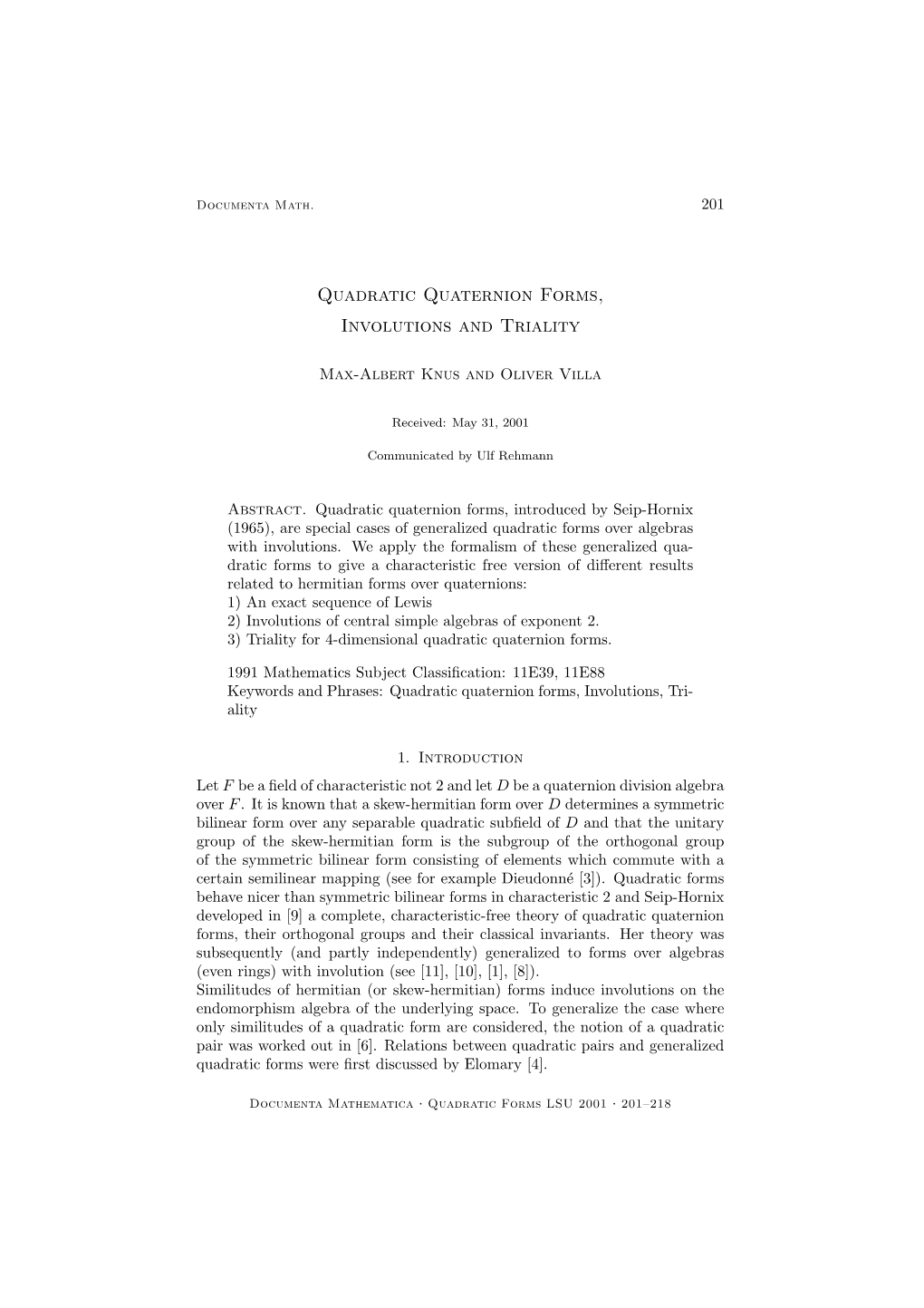 Quadratic Quaternion Forms, Involutions and Triality