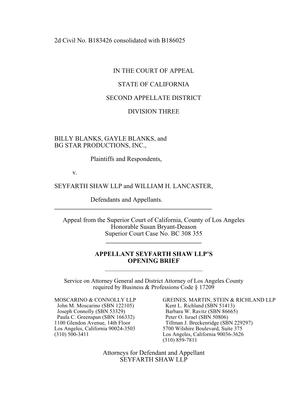 Blanks V. Seyfarth Shaw Appellant's Opening Brief