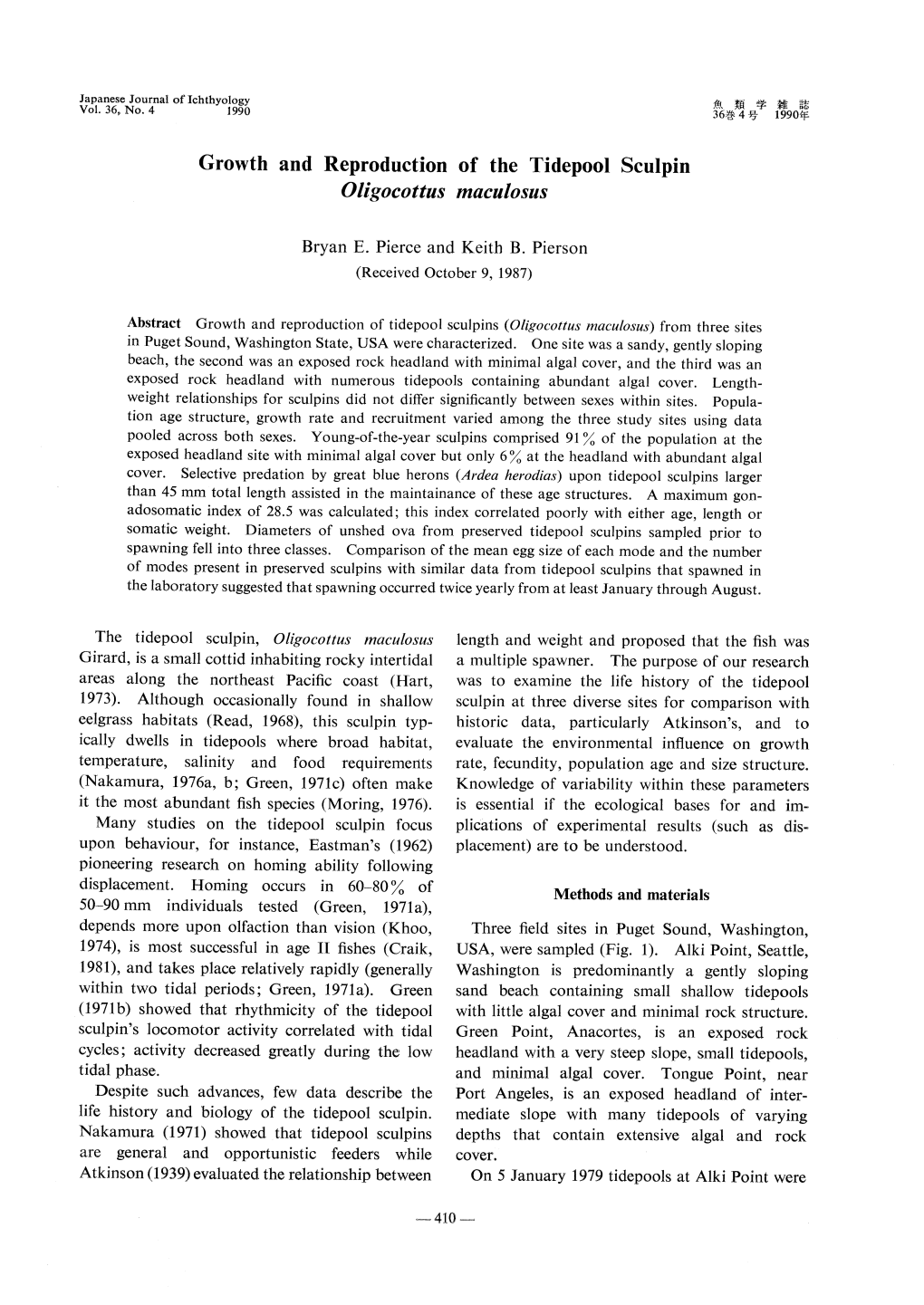 Growth and Reproduction of the Tidepool Sculpin Oligocottus Maculosus