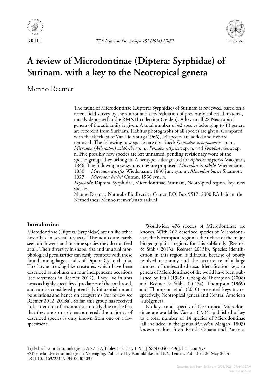 Diptera: Syrphidae) of Surinam, with a Key to the Neotropical Genera Menno Reemer