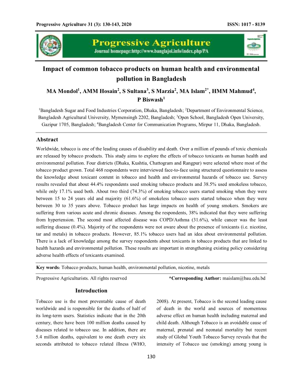 Impact of Common Tobacco Products on Human Health and Environmental Pollution in Bangladesh
