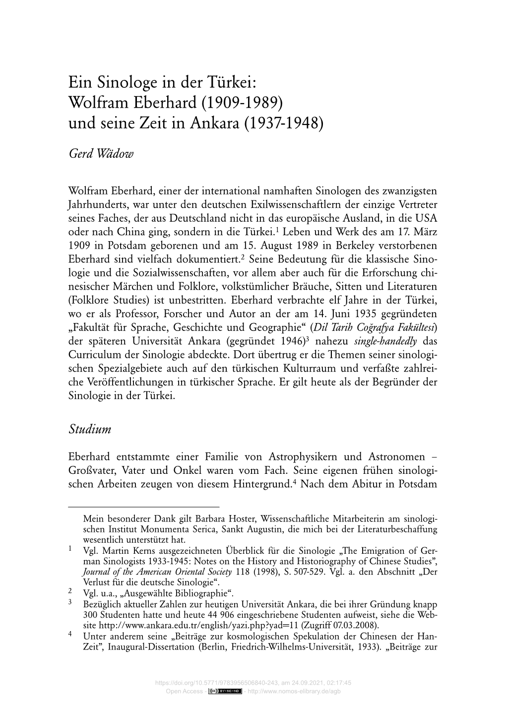 Wolfram Eberhard (1909-1989) Und Seine Zeit in Ankara (1937-1948)