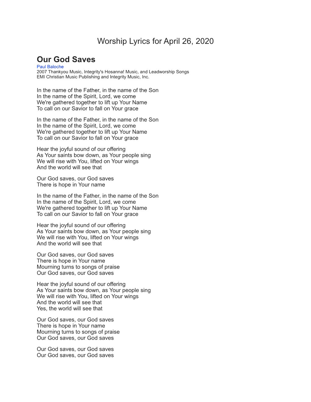 4-26-20 Song Lyrics