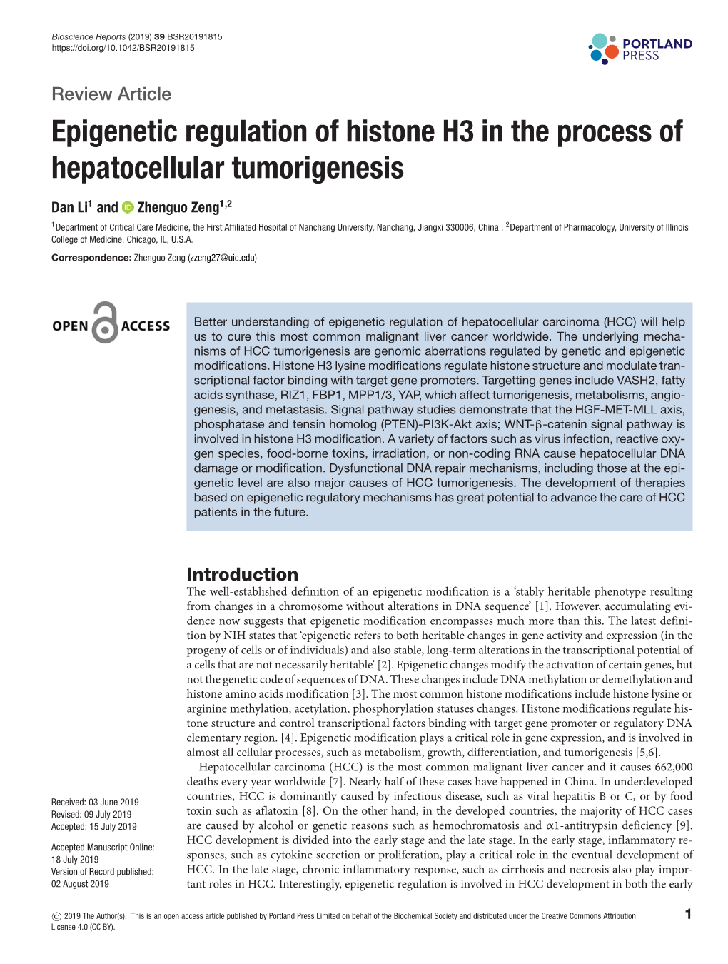 Epigenetic Regulation of Histone H3 in the Process of Hepatocellular Tumorigenesis