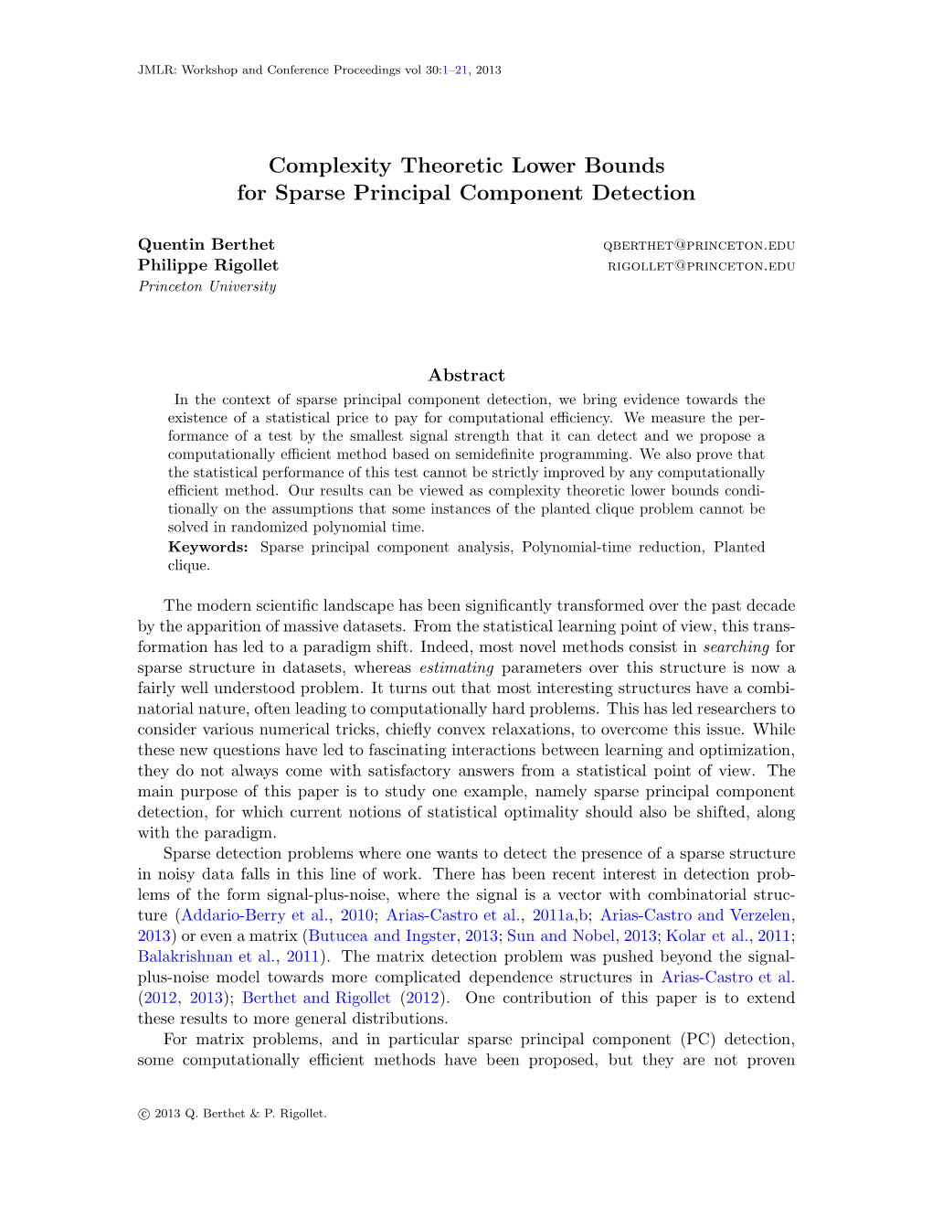 Complexity Theoretic Lower Bounds for Sparse Principal Component Detection