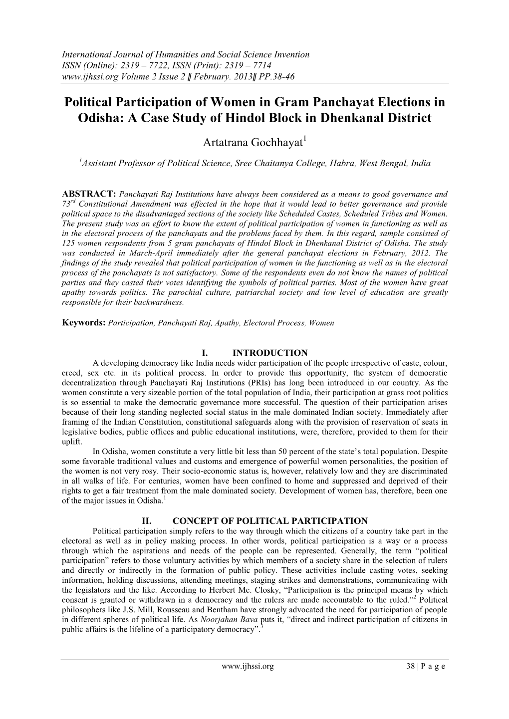 Political Participation of Women in Gram Panchayat Elections in Odisha: a Case Study of Hindol Block in Dhenkanal District Artatrana Gochhayat1