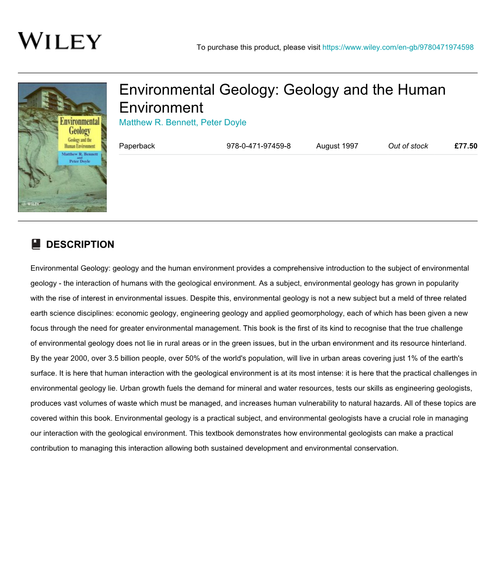 Environmental Geology: Geology and the Human Environment Matthew R