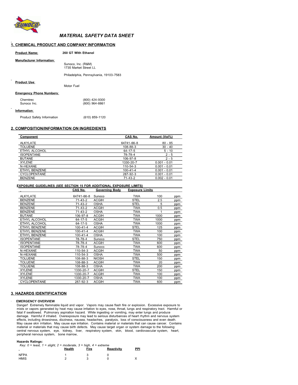 Material Safety Data Sheet