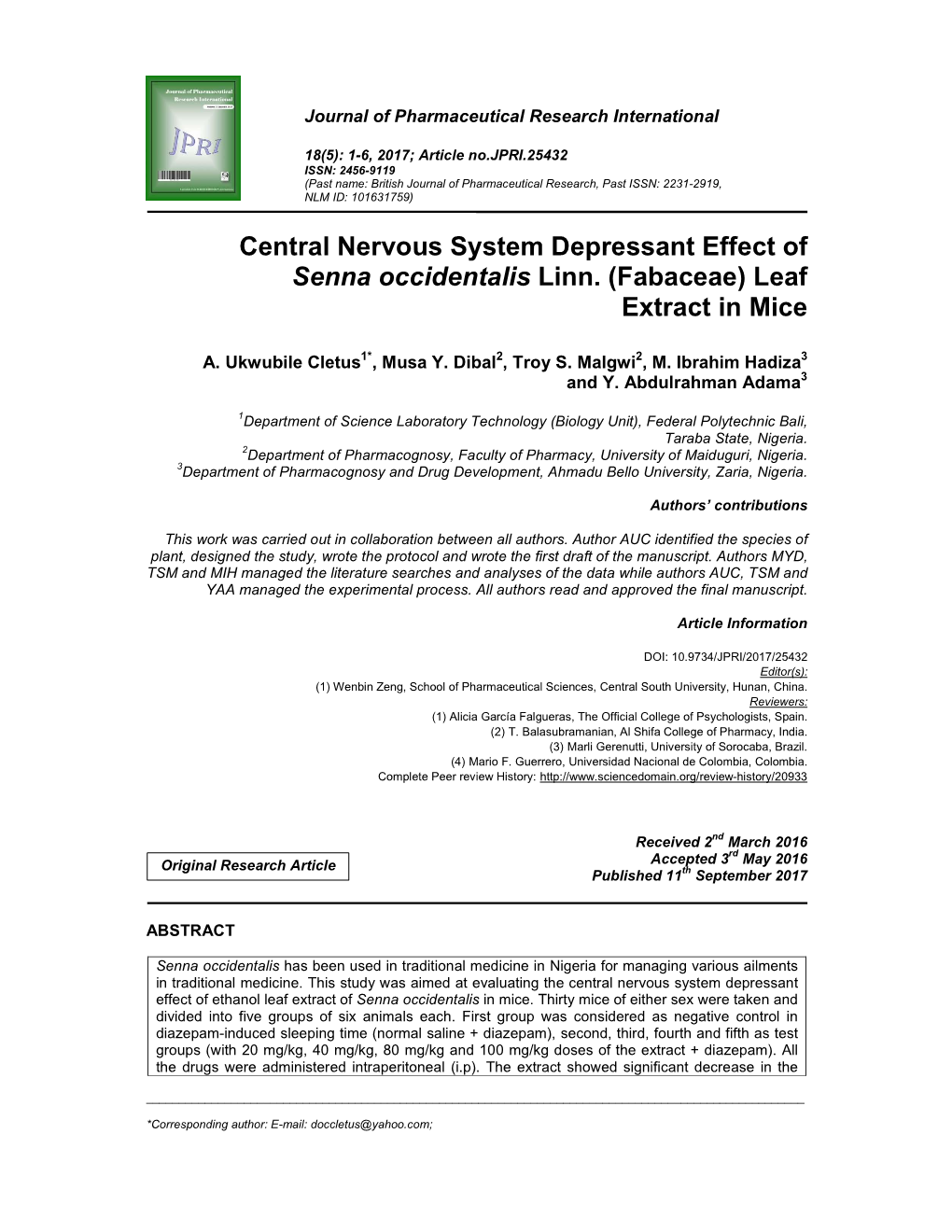 Central Nervous System Depressant Effect of Senna Occidentalis Linn