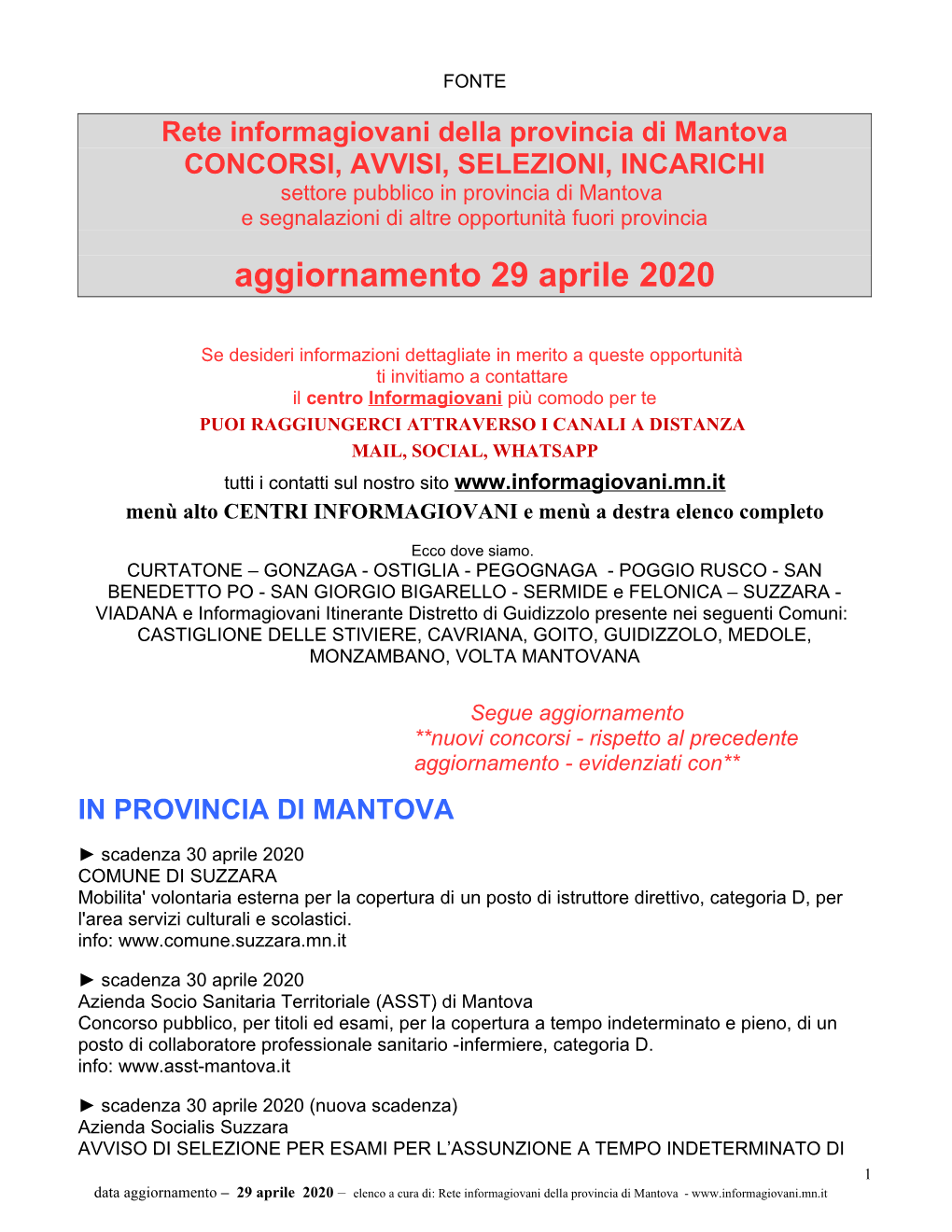 Aggiornamento 29 Aprile 2020