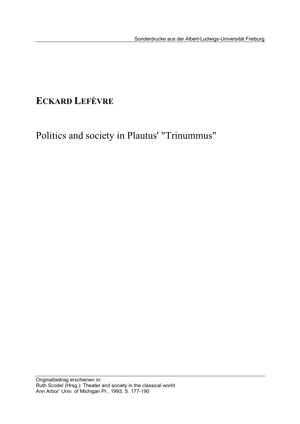 Politics and Society in Plautus' 