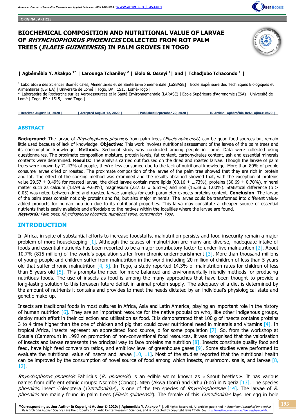 Biochemical Composition and Nutritional Value of Larvae of Rhynchophorus Phoenicis Collected from Rot Palm Trees (Elaeis Guineensis) in Palm Groves in Togo