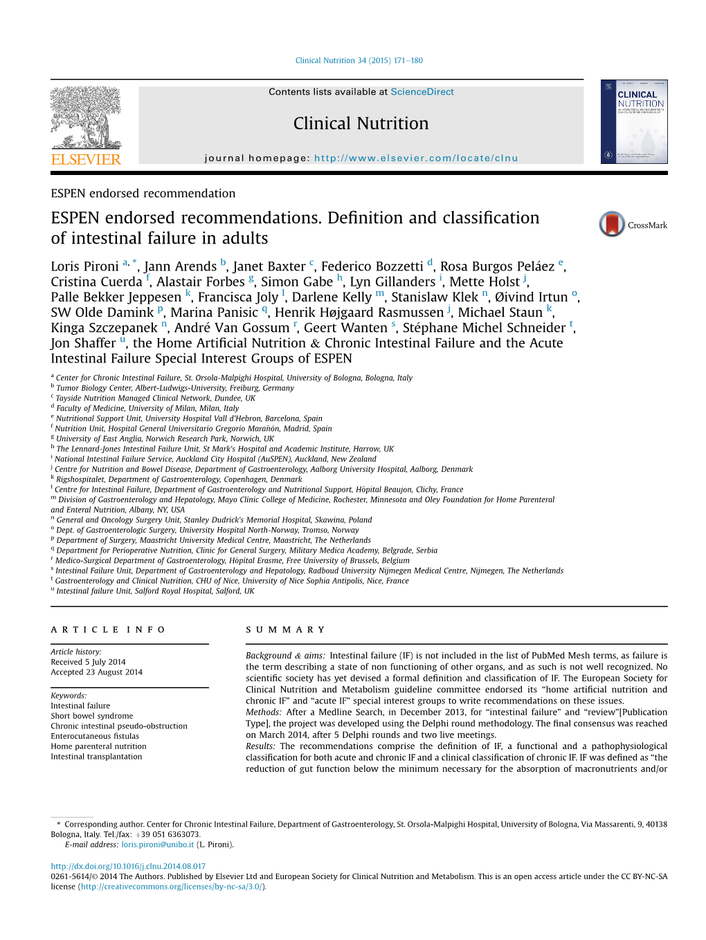 Definition and Classification of Intestinal Failure in Adults