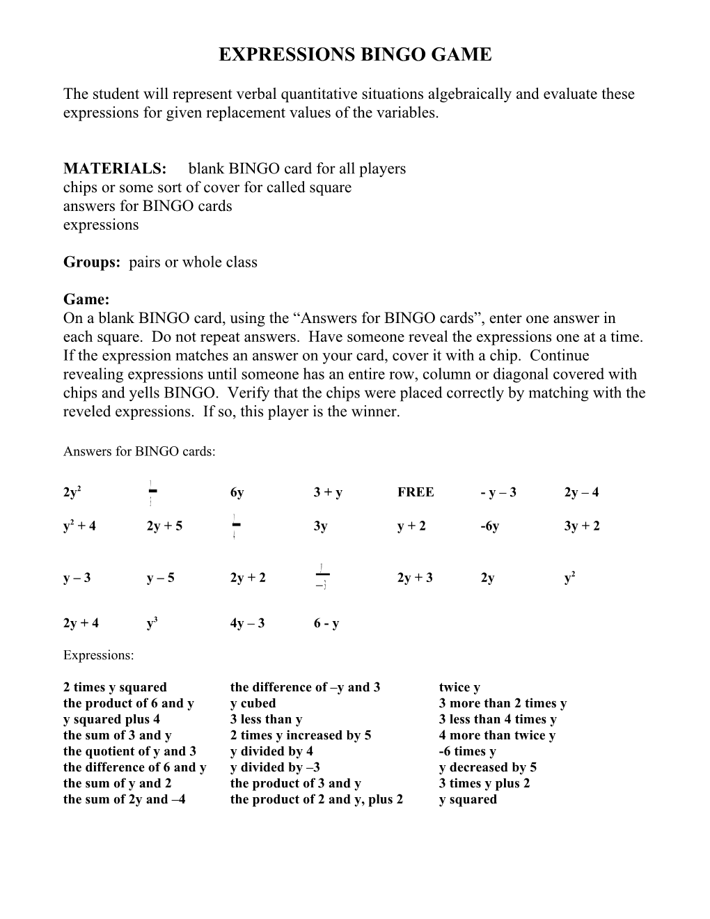 Expressions Bingo Game