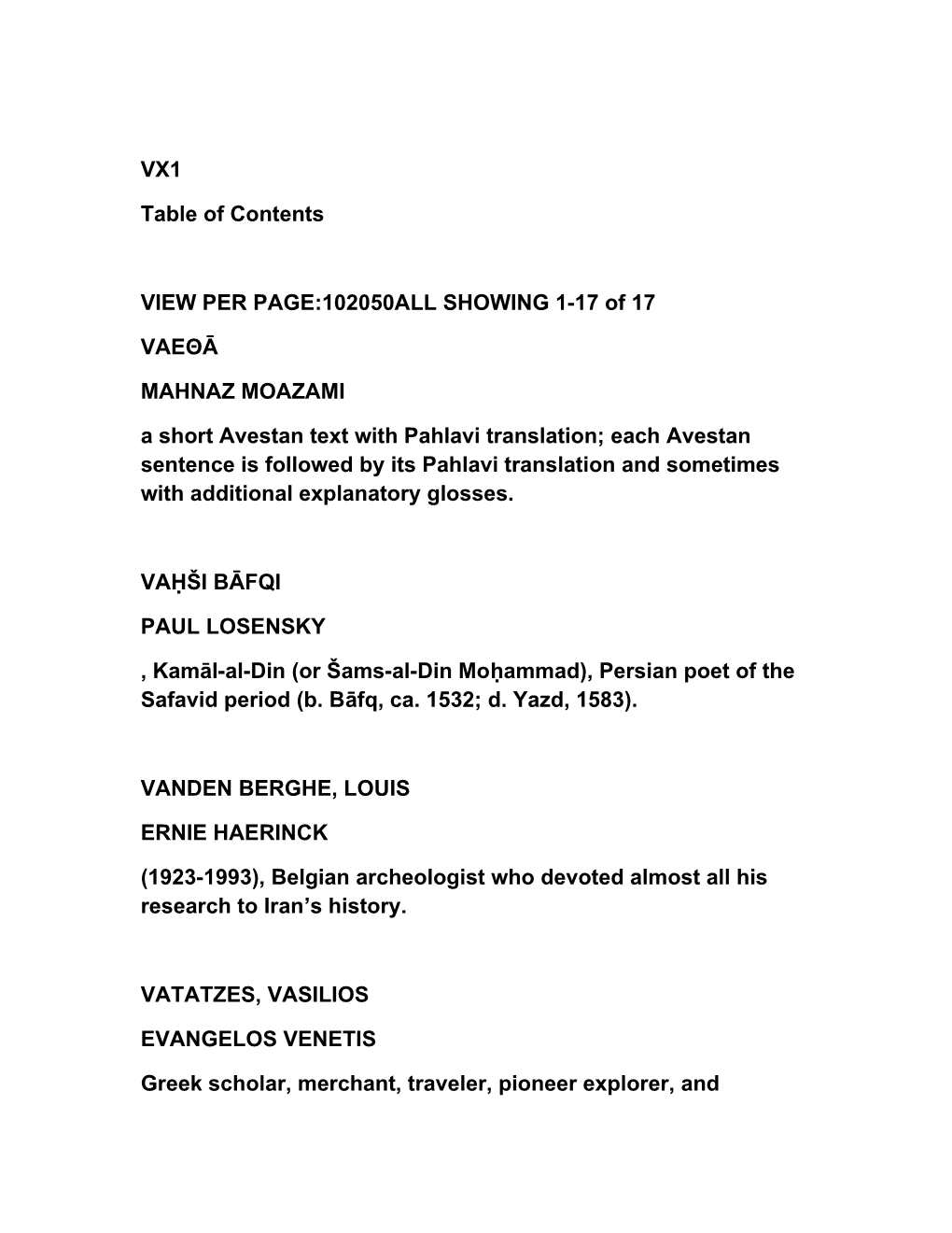 VX1 Table of Contents VIEW PER PAGE:102050ALL SHOWING 1-17