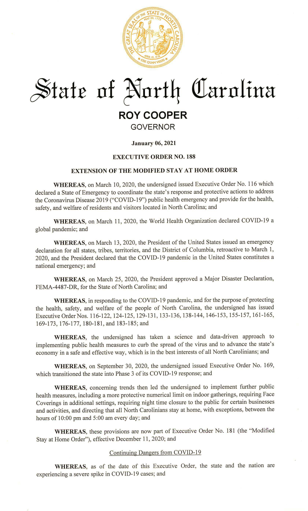 ~Fate Nf ~Nrt4 Olarnlina ROY COOPER GOVERNOR