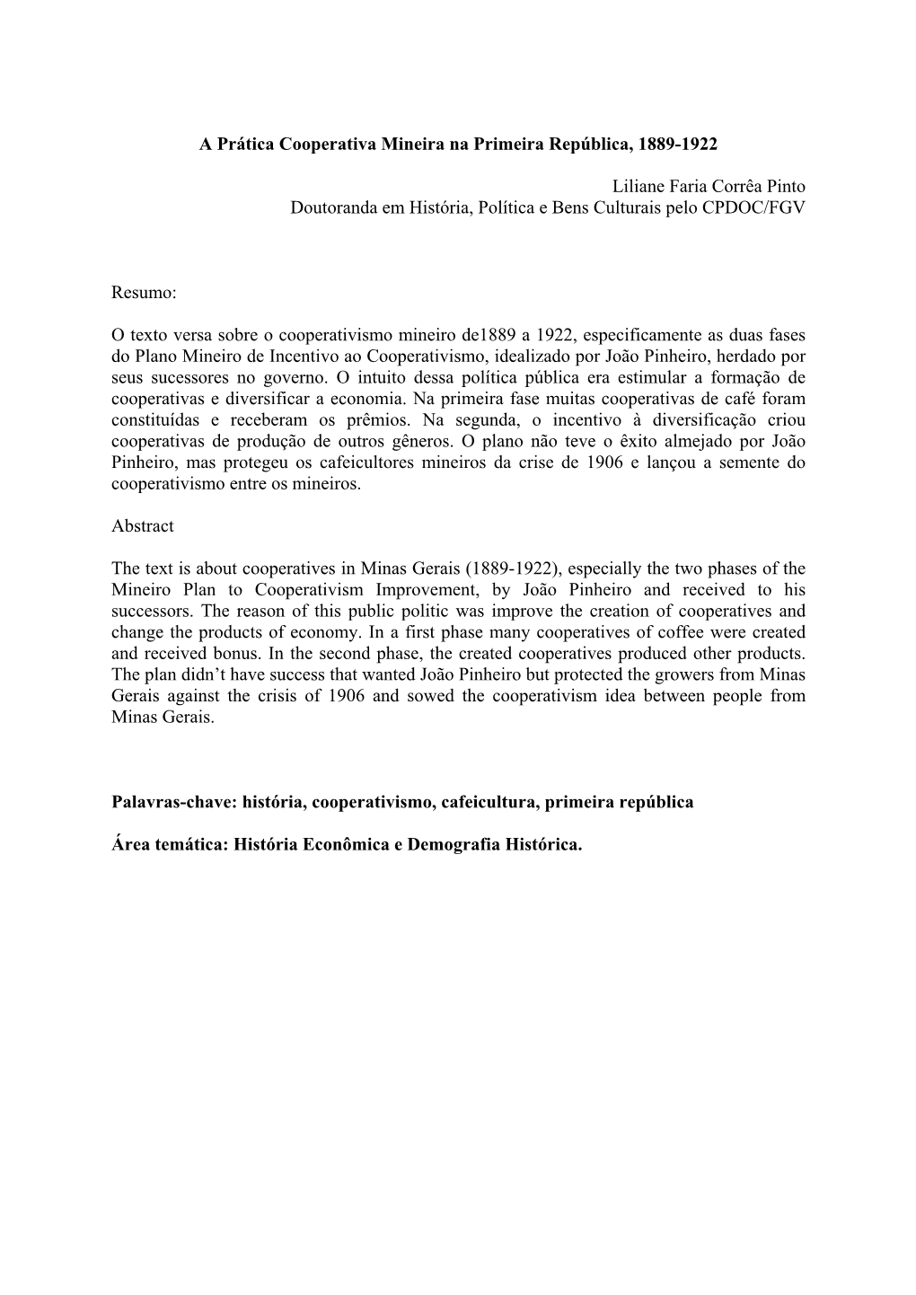 A Prática Cooperativa Mineira Na Primeira República, 1889-1922