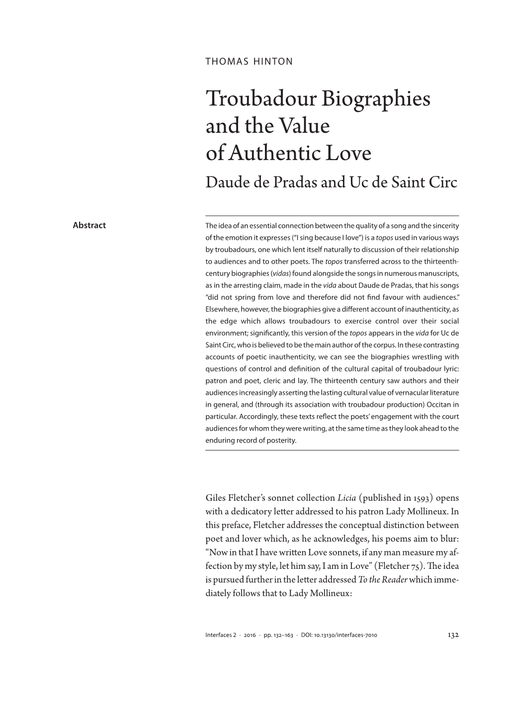 Troubadour Biographies and the Value of Authentic Love Daude De Pradas and Uc De Saint Circ