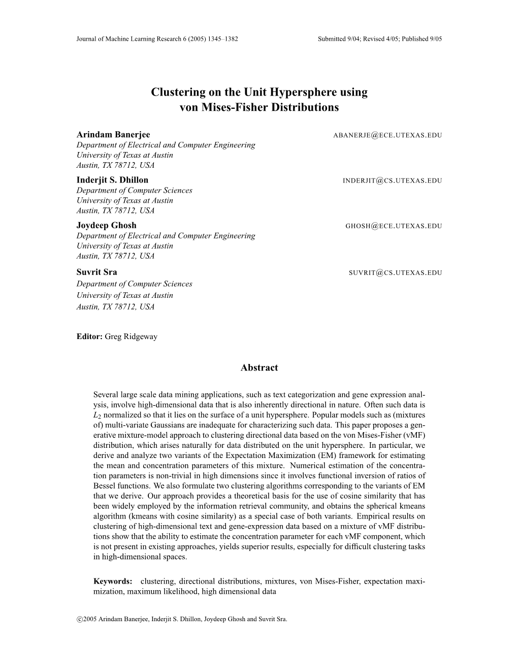 Clustering on the Unit Hypersphere Using Von Mises-Fisher Distributions