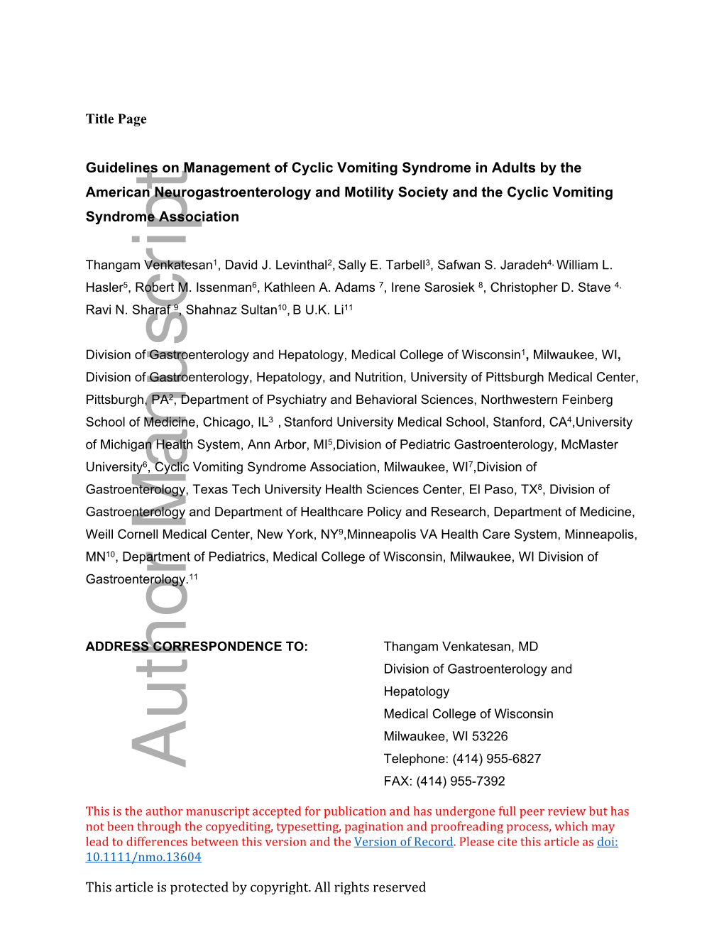 Guidelines on Management of Cyclic Vomiting Syndrome in Adults by the American Neurogastroenterology and Motility Society and the Cyclic Vomiting Syndrome Association