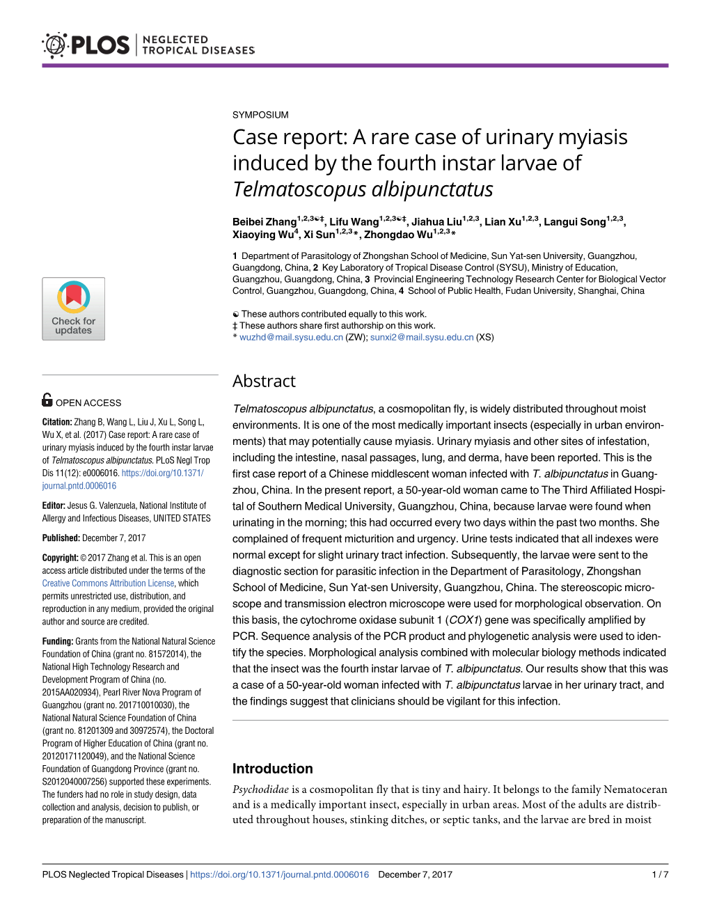 A Rare Case of Urinary Myiasis Induced by the Fourth Instar Larvae of Telmatoscopus Albipunctatus