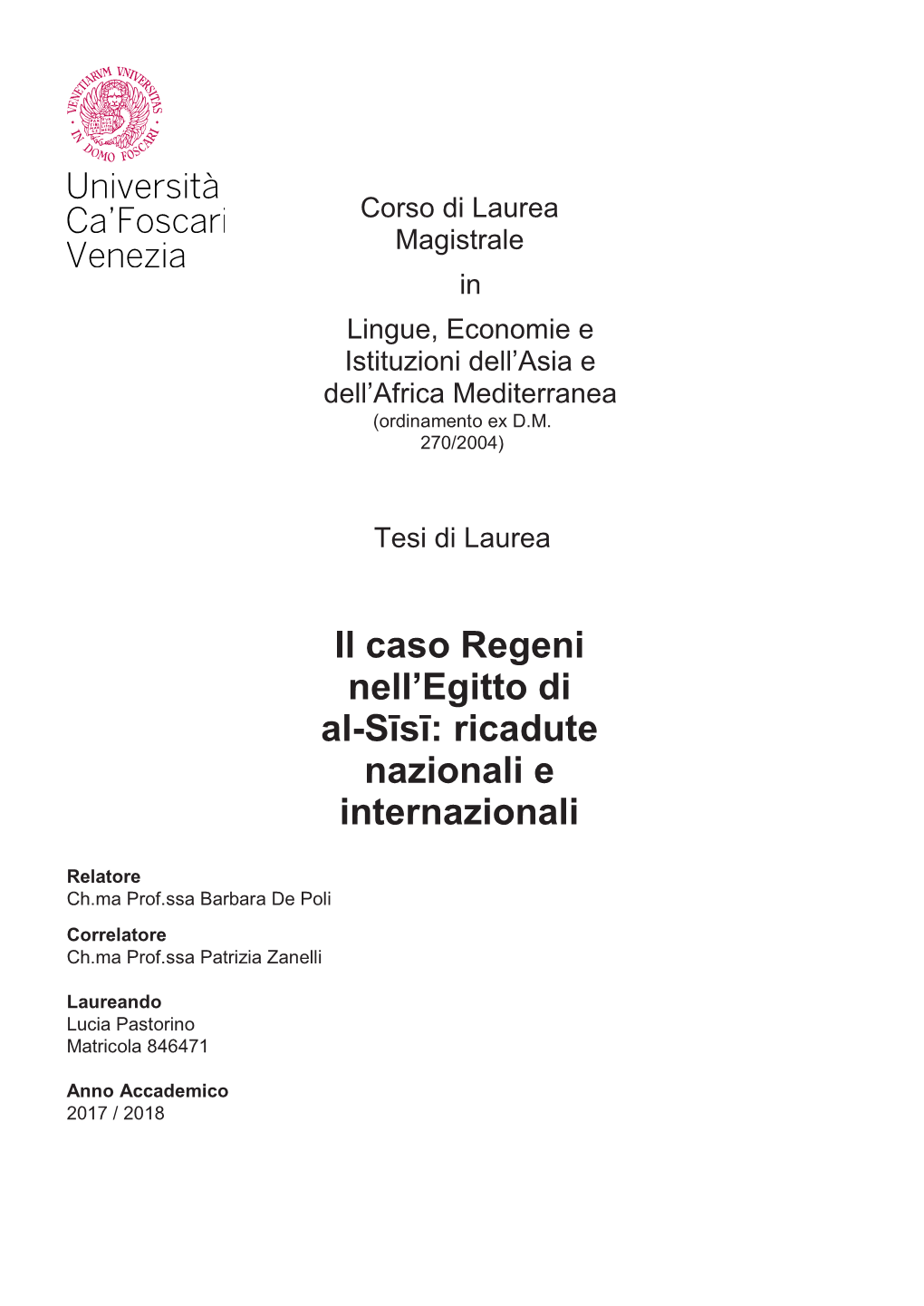 Il Caso Regeni Nell'egitto Di Al-Sīsī: Ricadute Nazionali E Internazionali