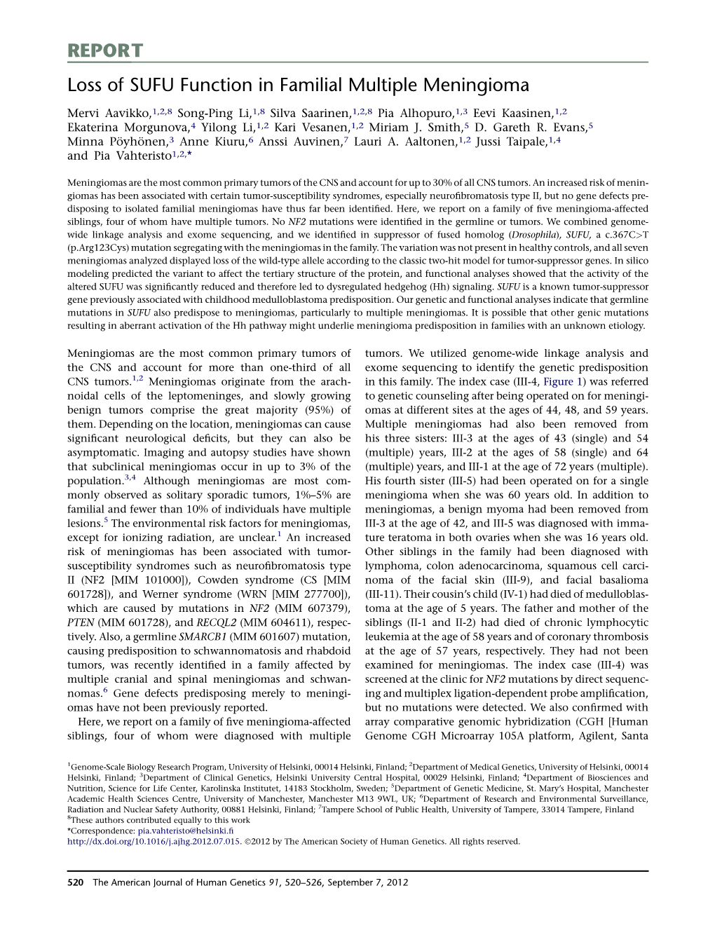 REPORT Loss of SUFU Function in Familial Multiple Meningioma