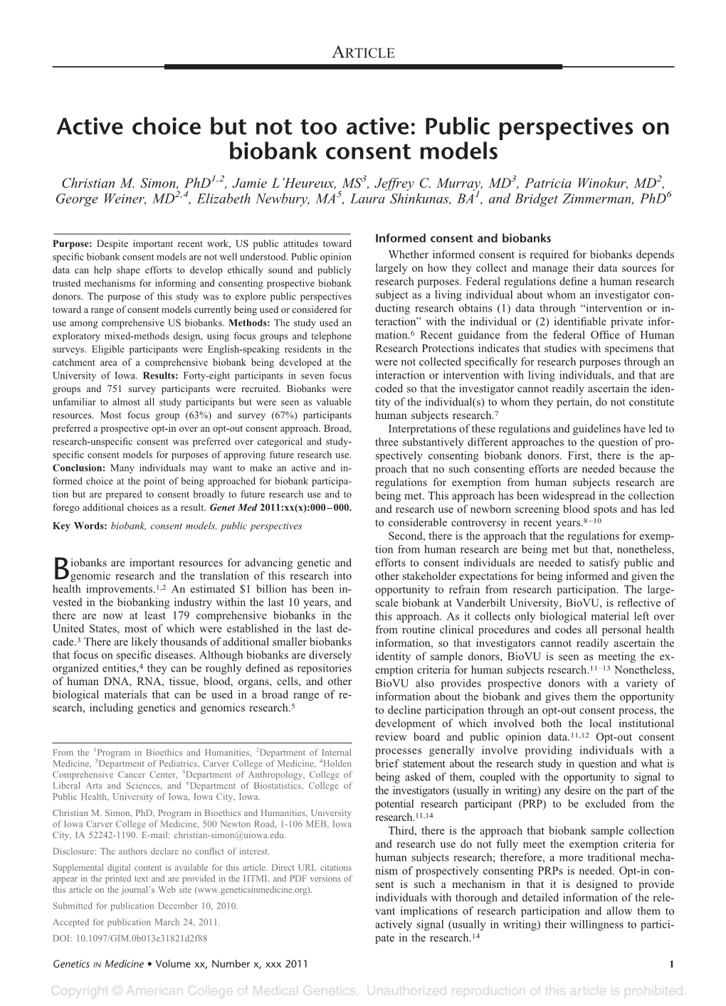 Public Perspectives on Biobank Consent Models Christian M