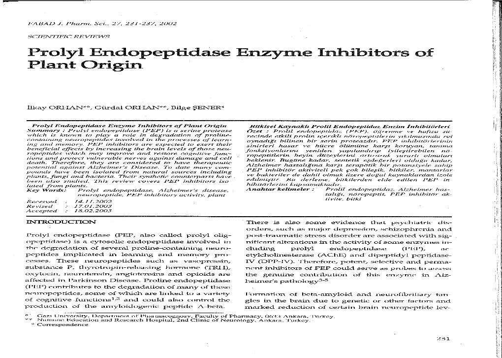 Prolyl Endopeptidase Enzyme Inhibitors of Plant Origin